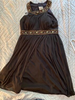 Cache Brown Above Knee Evening Dress with Beaded Trim